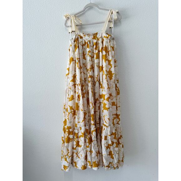 Mon Renn Floral Tiered Maxi Dress Yellow White Tie Straps Size Small - Picture 3 of 6